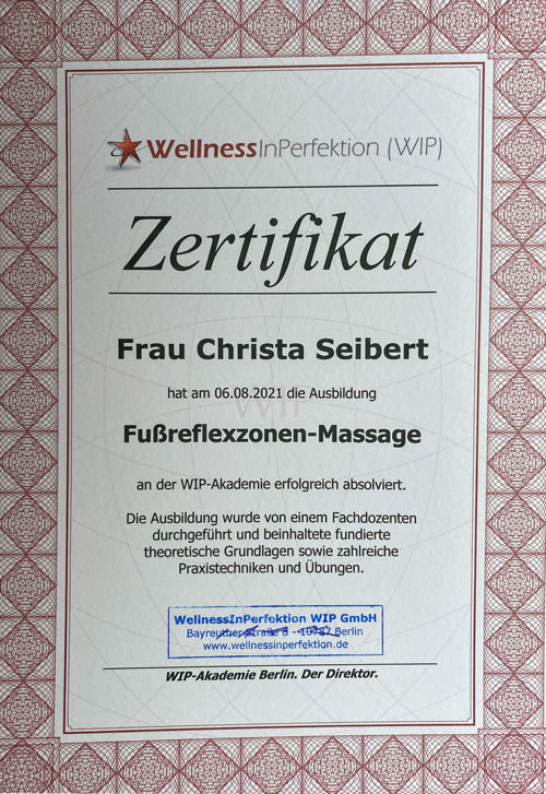 Christa Seibert Zertifikat Fußreflexzonenmassage